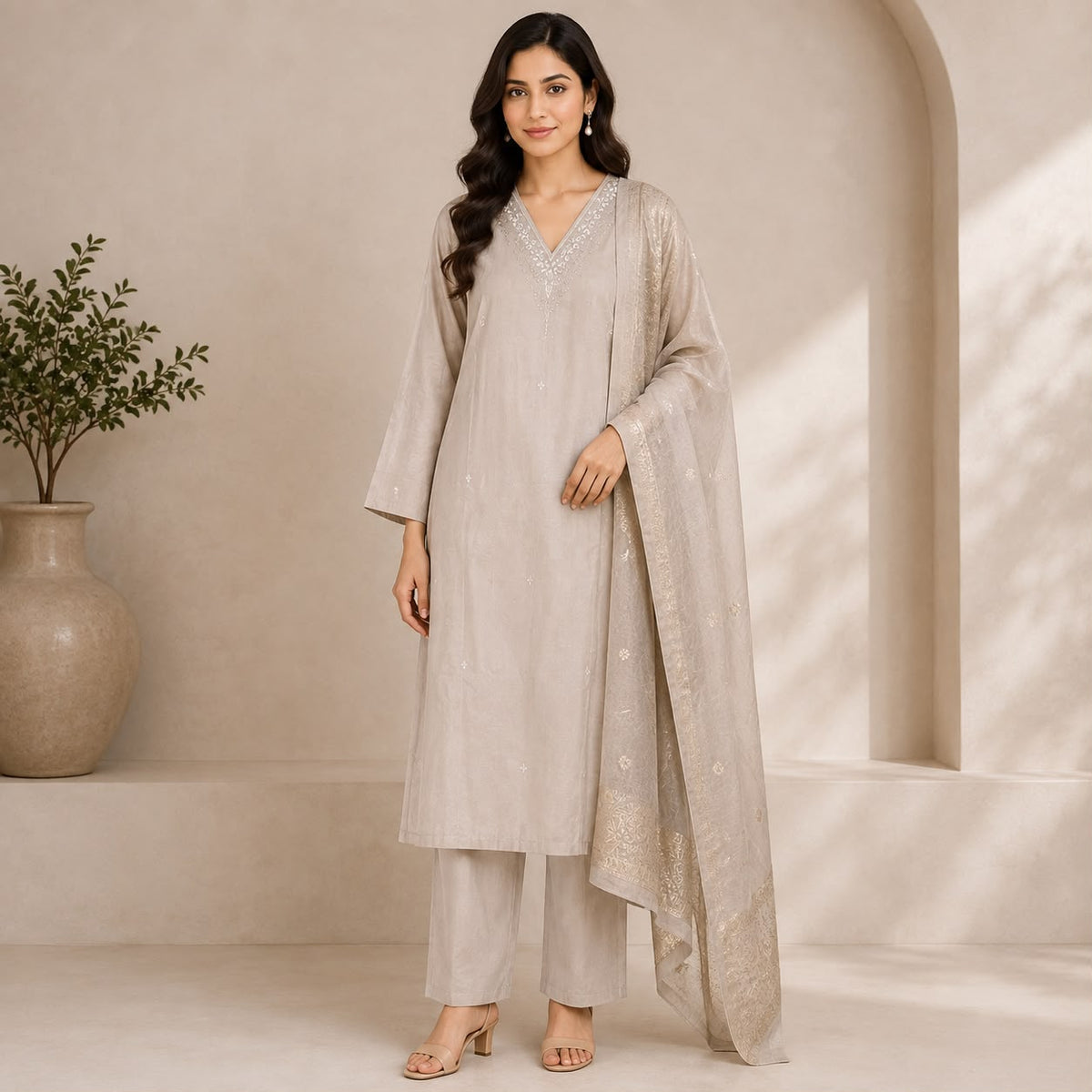 Mul Chanderi 3 Piece Kurta Set With Dola Duppata