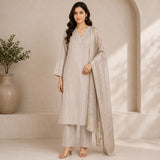 Mul Chanderi 3 Piece Kurta Set With Dola Duppata
