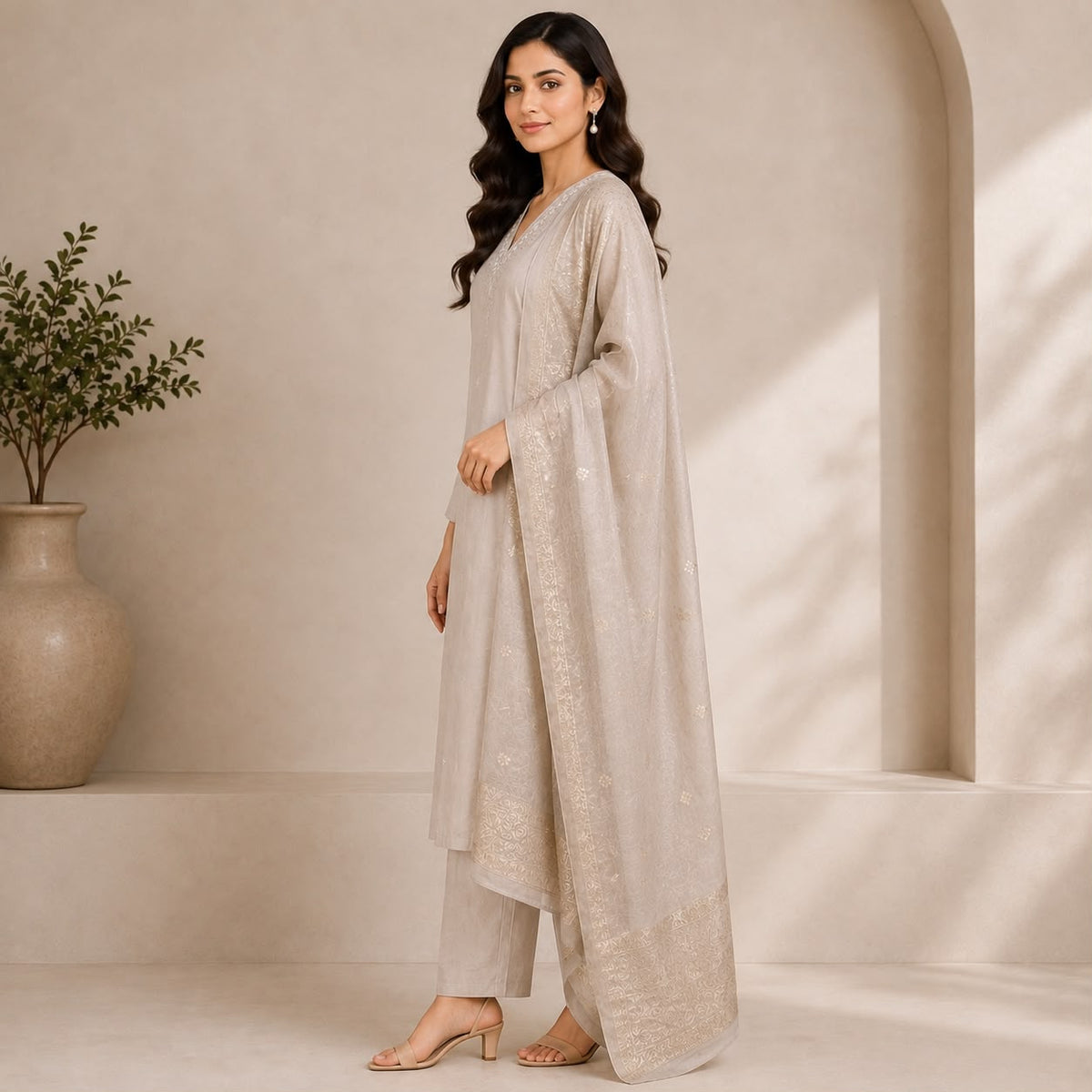 Mul Chanderi 3 Piece Kurta Set With Dola Duppata