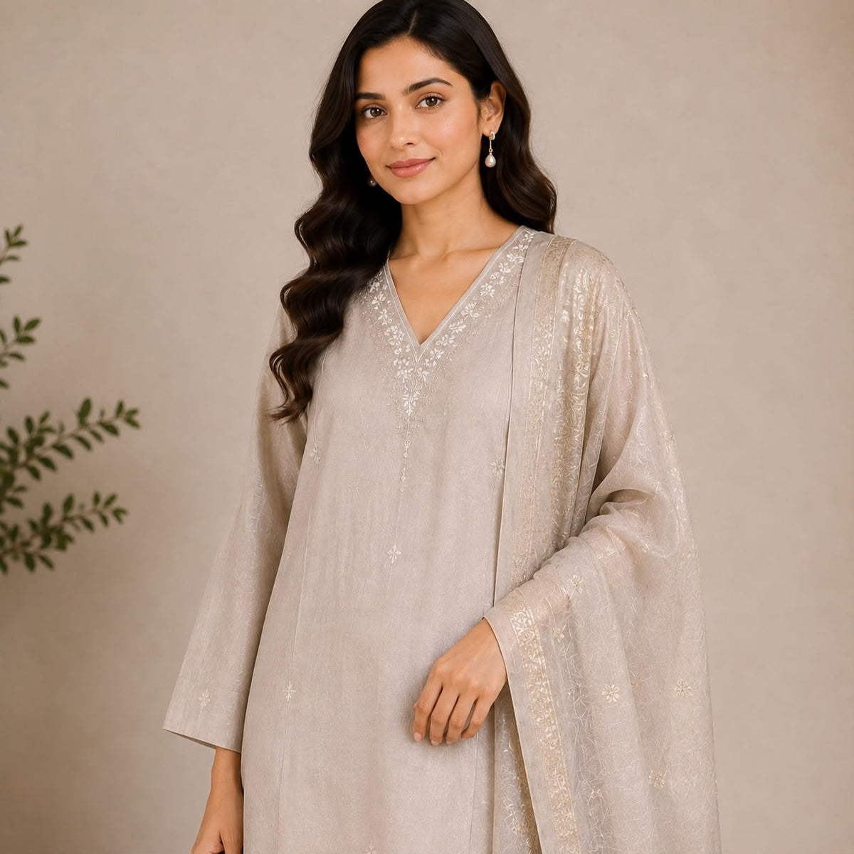 Mul Chanderi 3 Piece Kurta Set With Dola Duppata