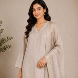 Mul Chanderi 3 Piece Kurta Set With Dola Duppata