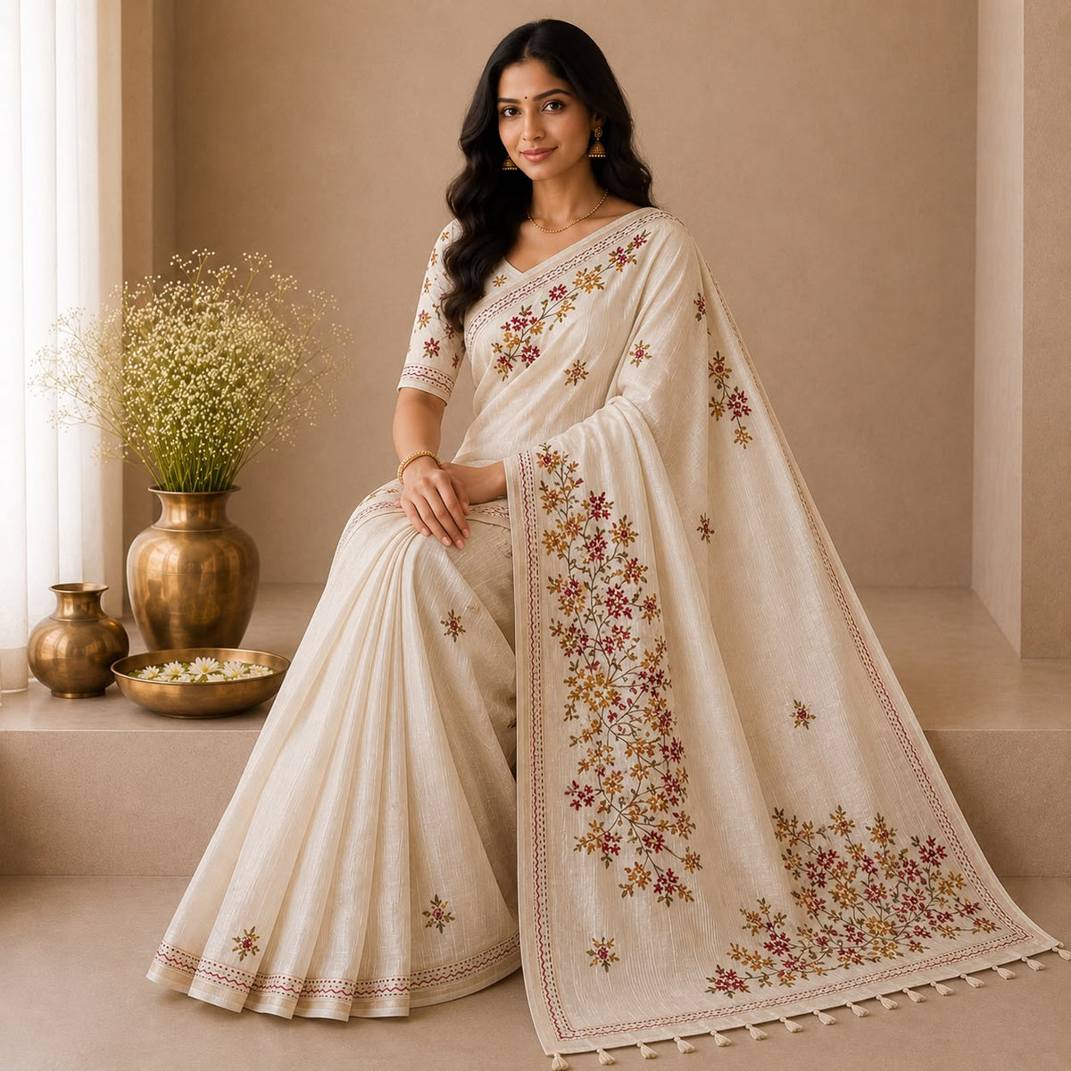Tussur Silk Saree With Embroidery Work