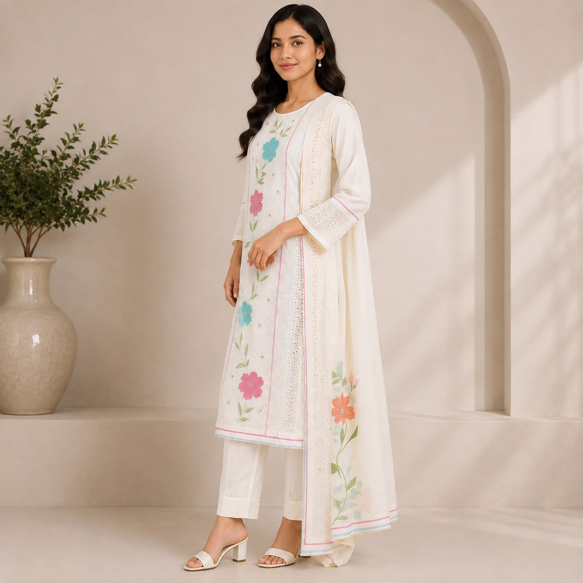 Khadi Cotton 3 Piece Set With Floral Motive