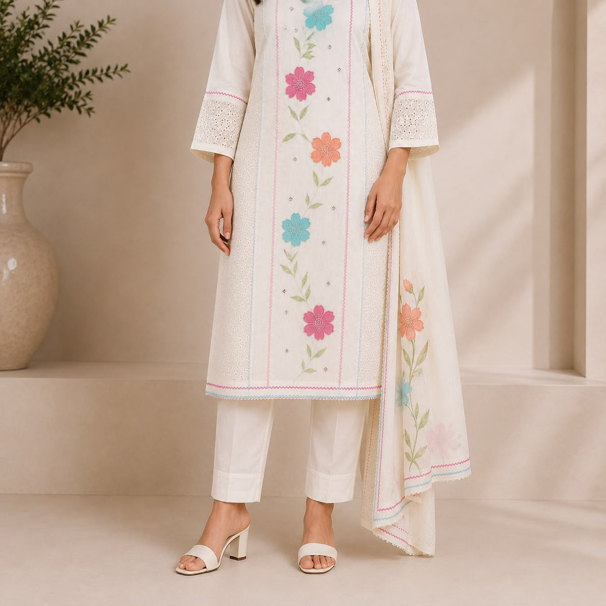 Khadi Cotton 3 Piece Set With Floral Motive