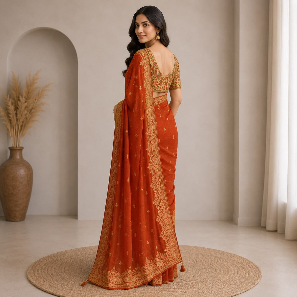 Pure Dola Crepe Saree With Pasmina Stitched Blouse