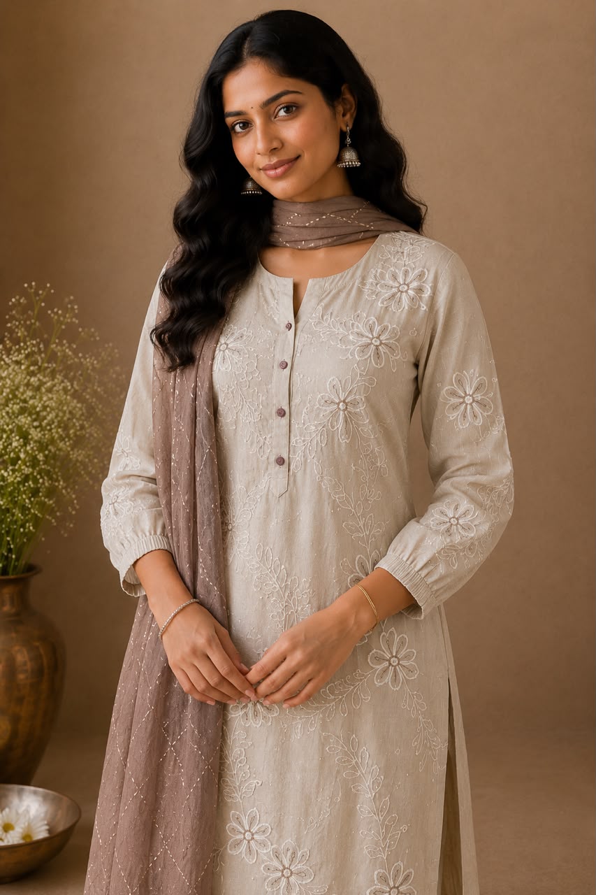 Cotton Crushed Fabric 3 Piece Kurta Set