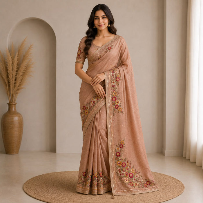 Soft Tussar Slik Saree With Embriodery Work