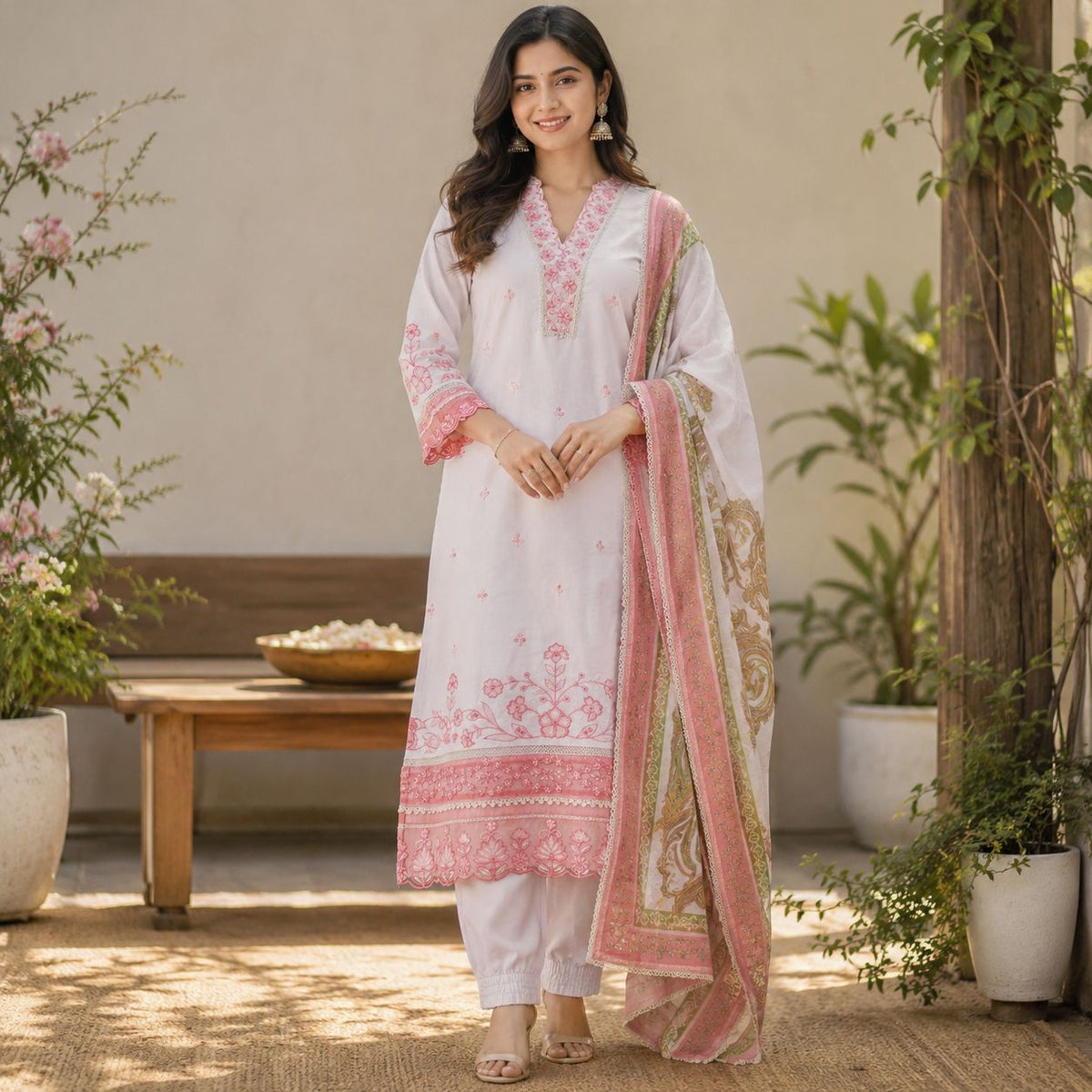 Mul Chanderi 3Piece Kurta Set With Collar Neck