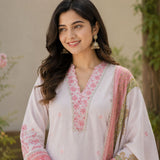 Mul Chanderi 3Piece Kurta Set With Collar Neck