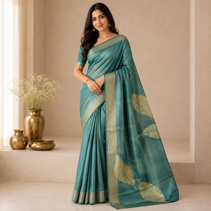Teal Green  Soft Tissue Silk Saree with Gold Zari Leaf Motif