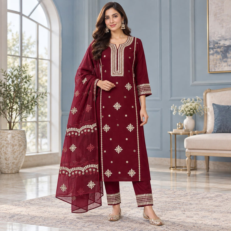 Mul Chanderi 3 Piece Kurta Set With Gota Patti Work