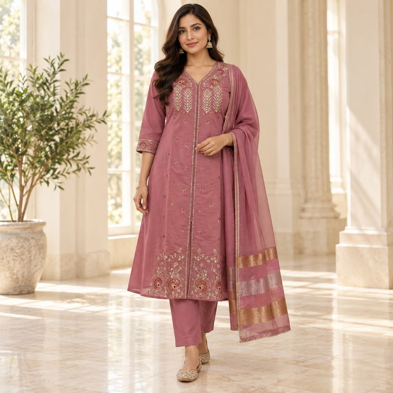 Mul Chanderi 3 Piece Premium Anarkali Kurta Set