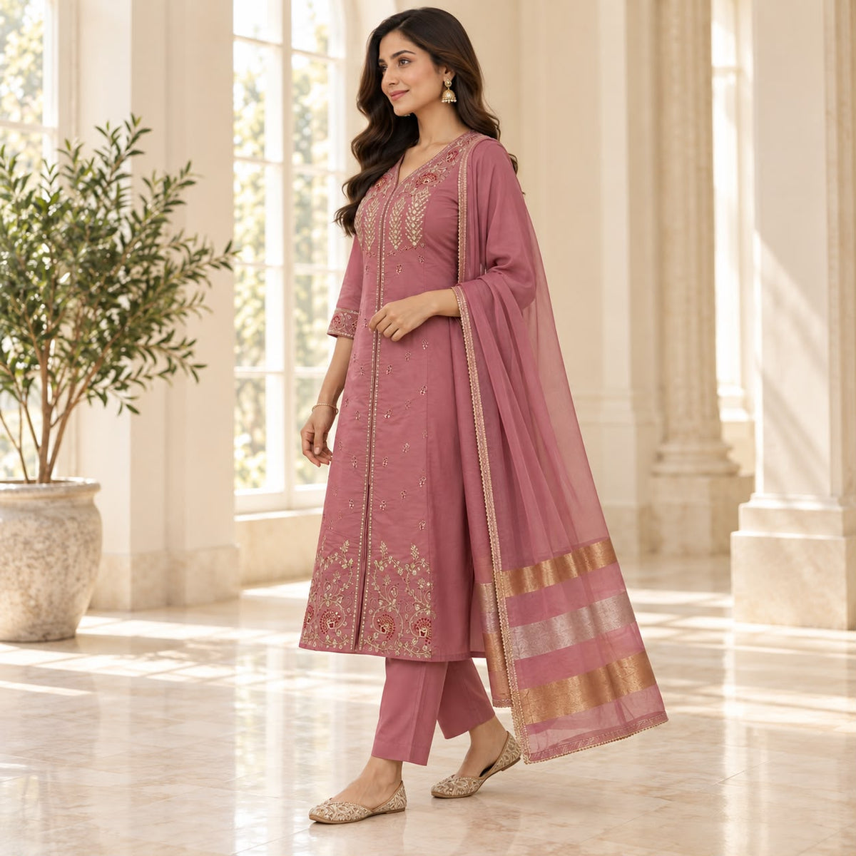 Mul Chanderi 3 Piece Premium Anarkali Kurta Set