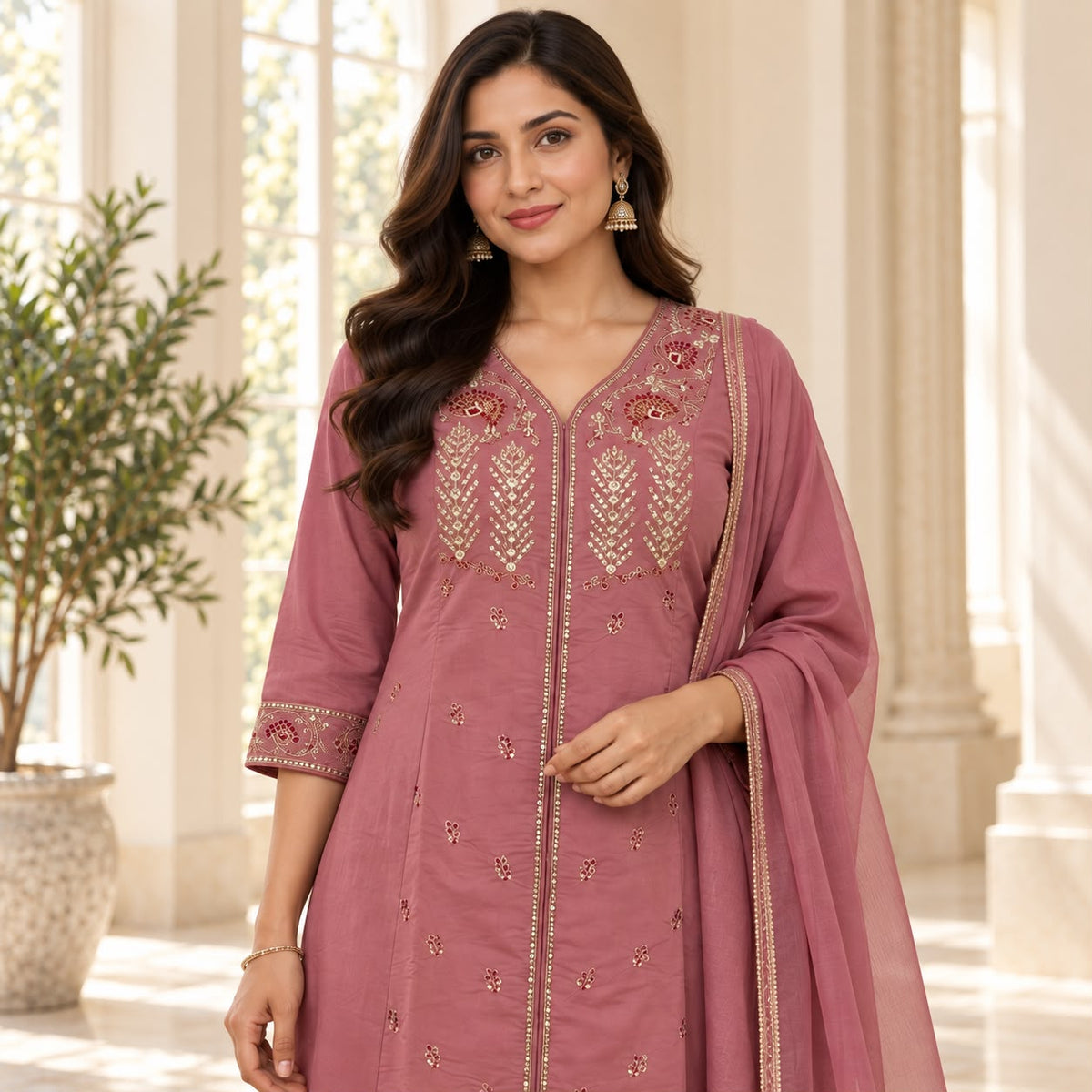 Mul Chanderi 3 Piece Premium Anarkali Kurta Set