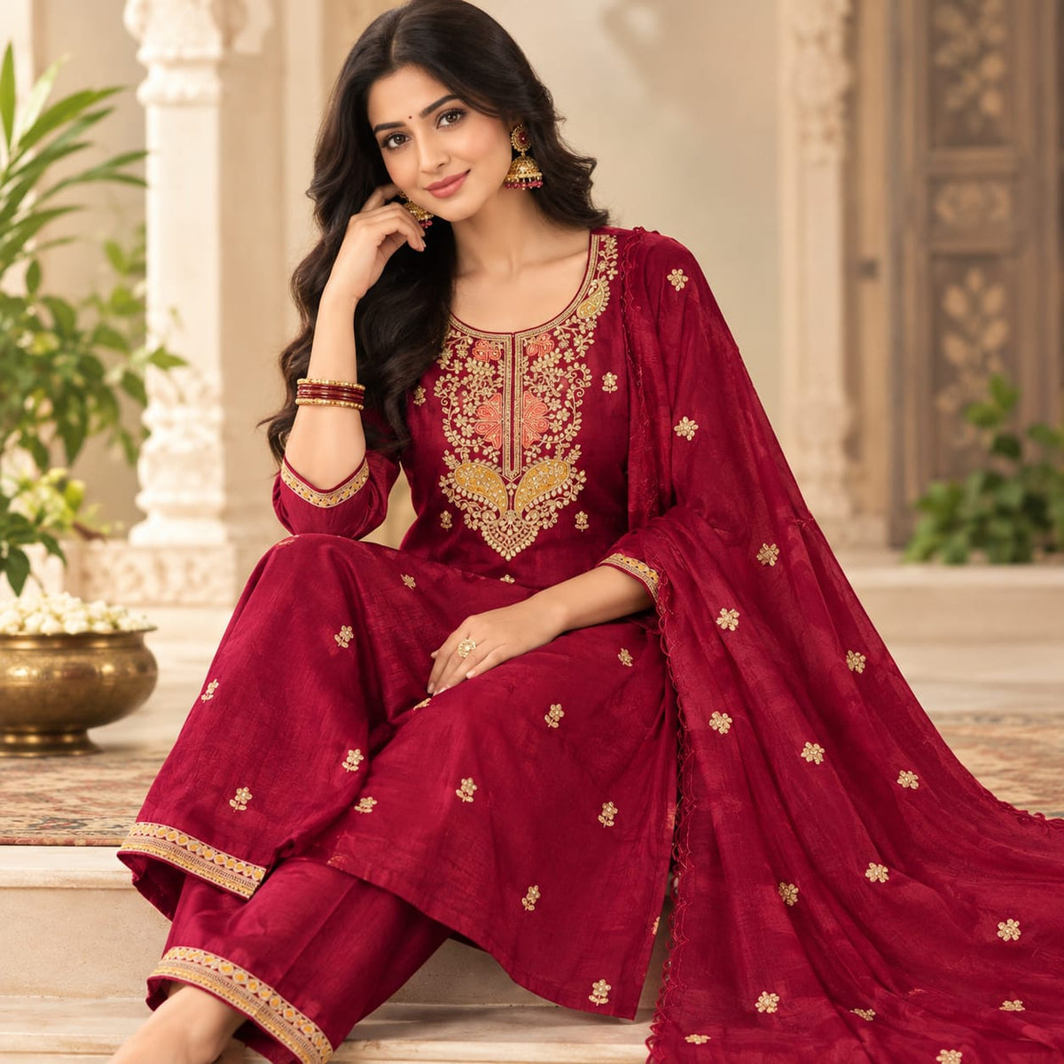 Mul Chanderi 3 Piece Kurta Set With Cutwork Duppata