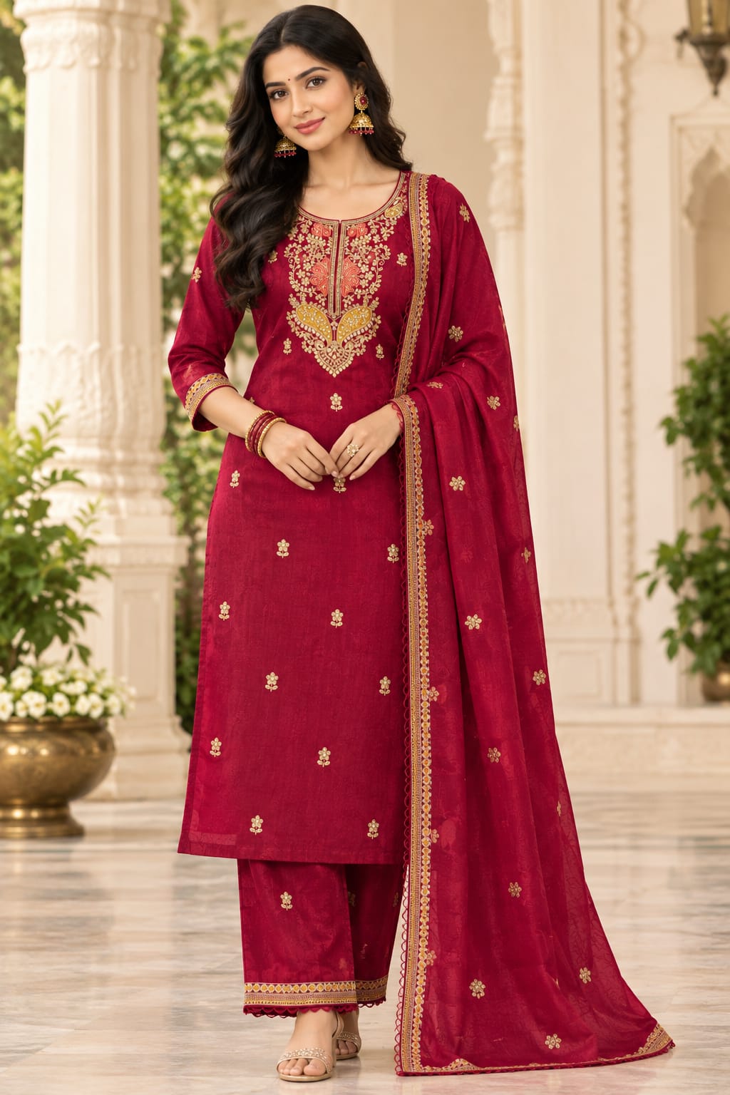 Mul Chanderi 3 Piece Kurta Set With Cutwork Duppata