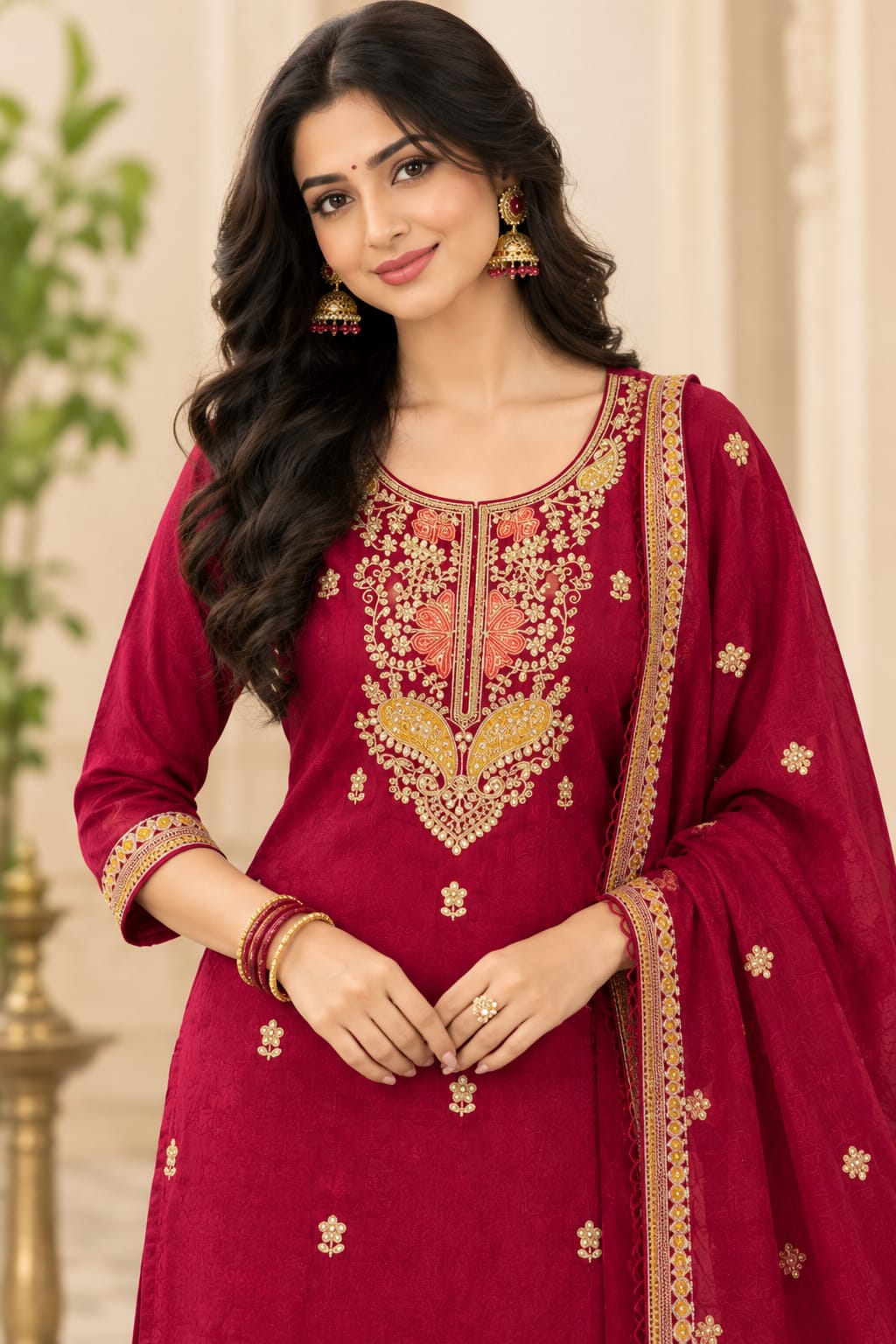 Mul Chanderi 3 Piece Kurta Set With Cutwork Duppata