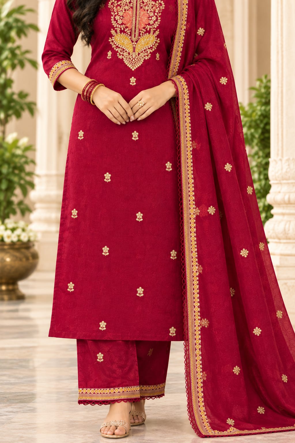 Mul Chanderi 3 Piece Kurta Set With Cutwork Duppata