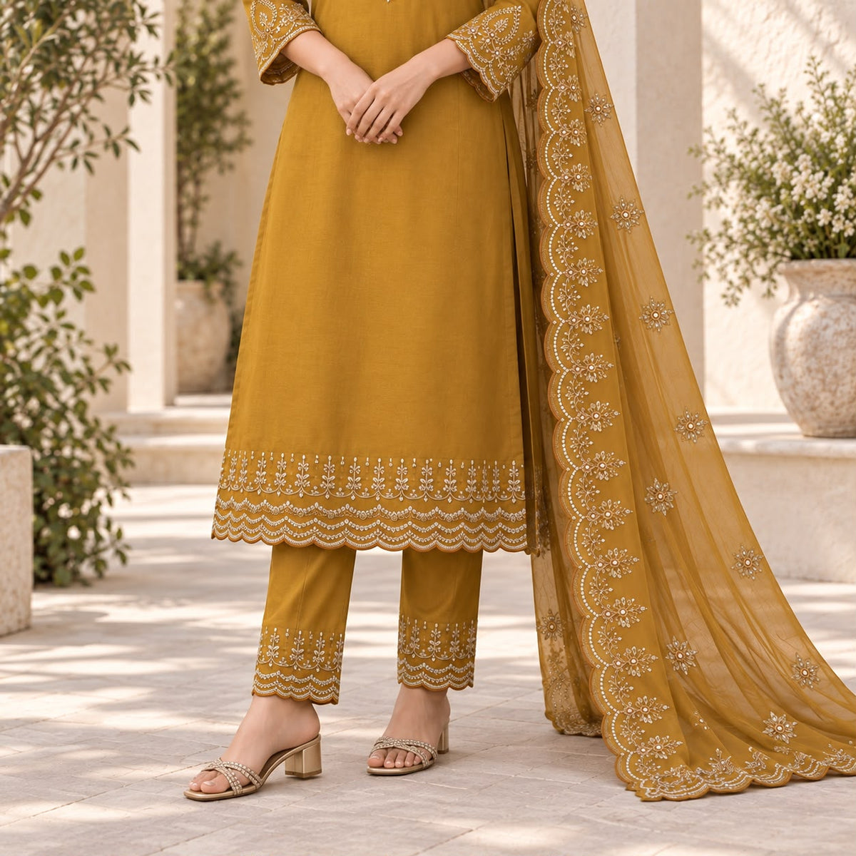 Mul Chanderi 3 Piece Kurta Set With Beautiful Neck Design