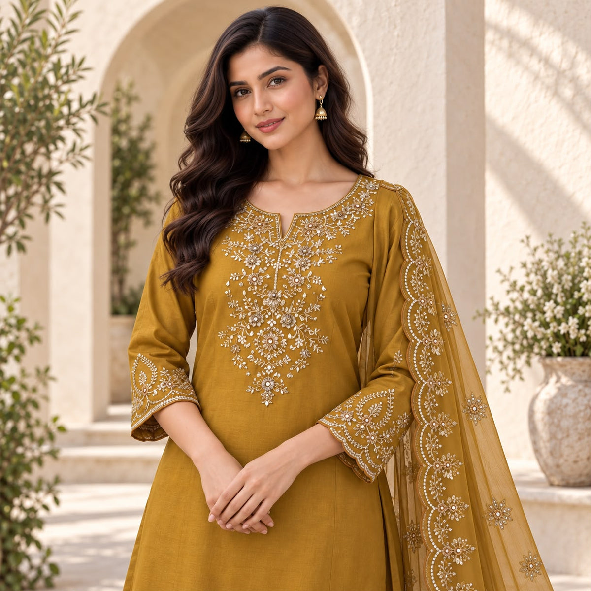 Mul Chanderi 3 Piece Kurta Set With Beautiful Neck Design
