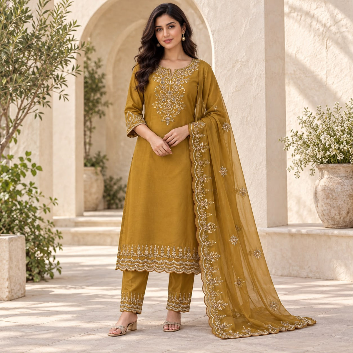 Mul Chanderi 3 Piece Kurta Set With Beautiful Neck Design