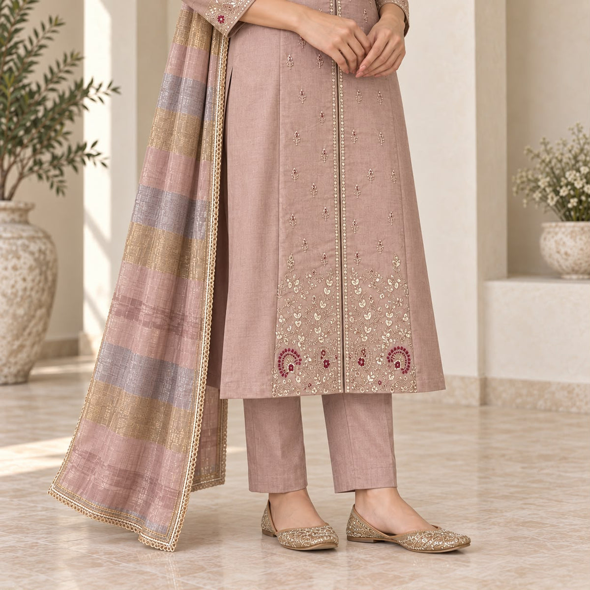 Mul Chanderi 3 Piece Anarkali Set
