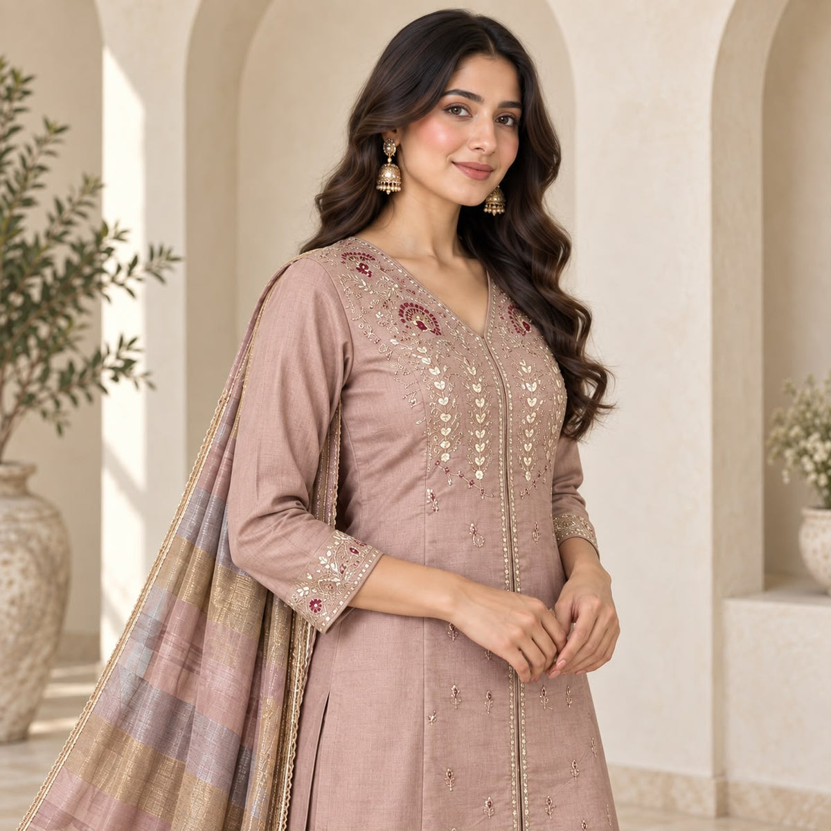 Mul Chanderi 3 Piece Anarkali Set