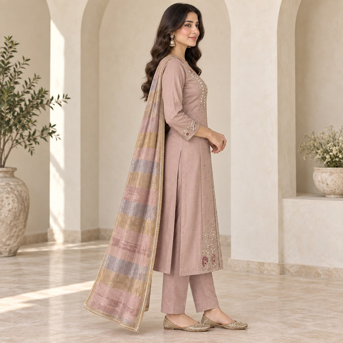 Mul Chanderi 3 Piece Anarkali Set