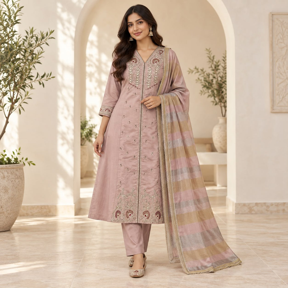 Mul Chanderi 3 Piece Anarkali Set