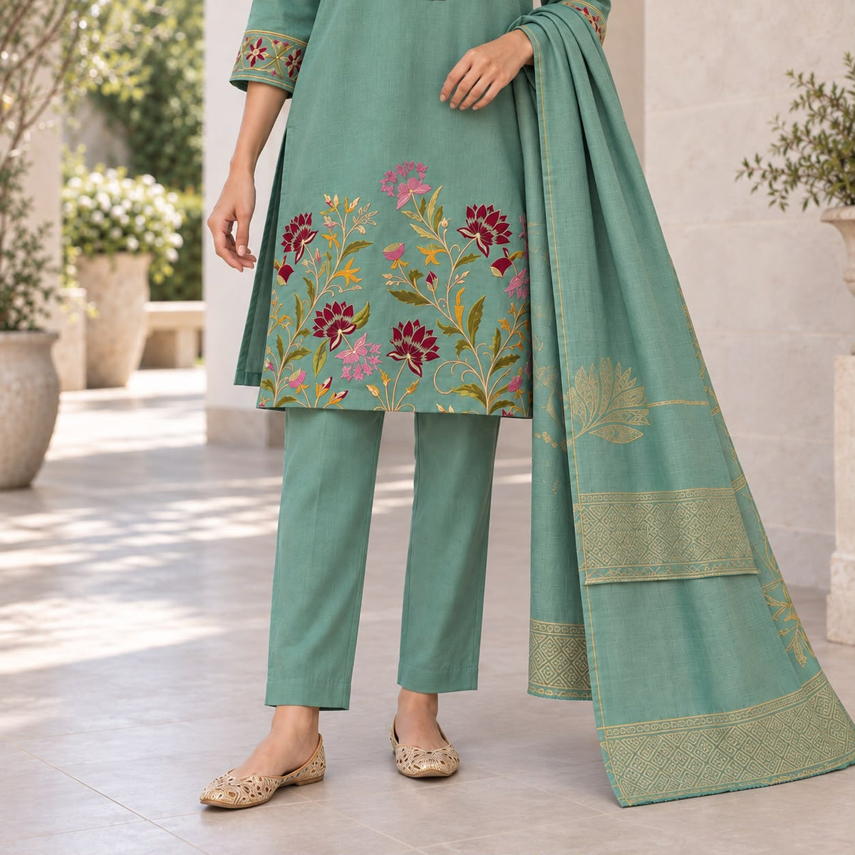 Mul Chanderi 3 Piece Sharara Set Withh Collar Neck and Duppata