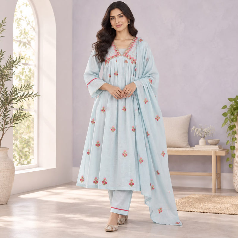 Mulcotton 3 Piece Premium Nyra-Cut Design With Embroidery Work