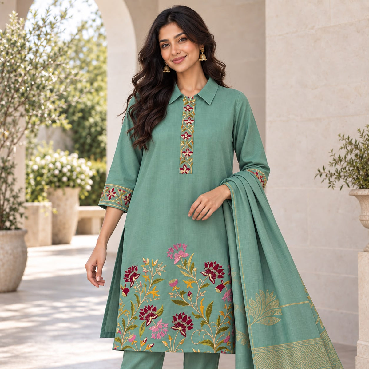 Mul Chanderi 3 Piece Sharara Set Withh Collar Neck and Duppata