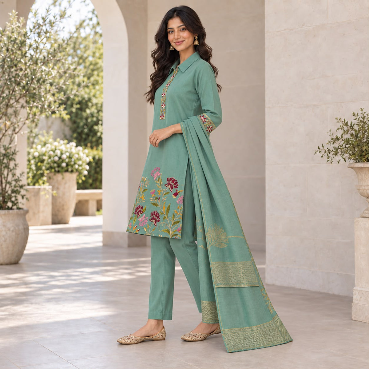 Mul Chanderi 3 Piece Sharara Set Withh Collar Neck and Duppata