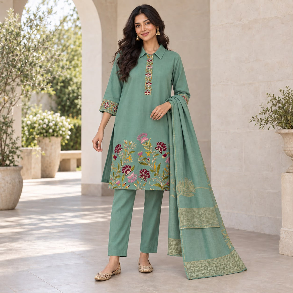 Mul Chanderi 3 Piece Sharara Set Withh Collar Neck and Duppata