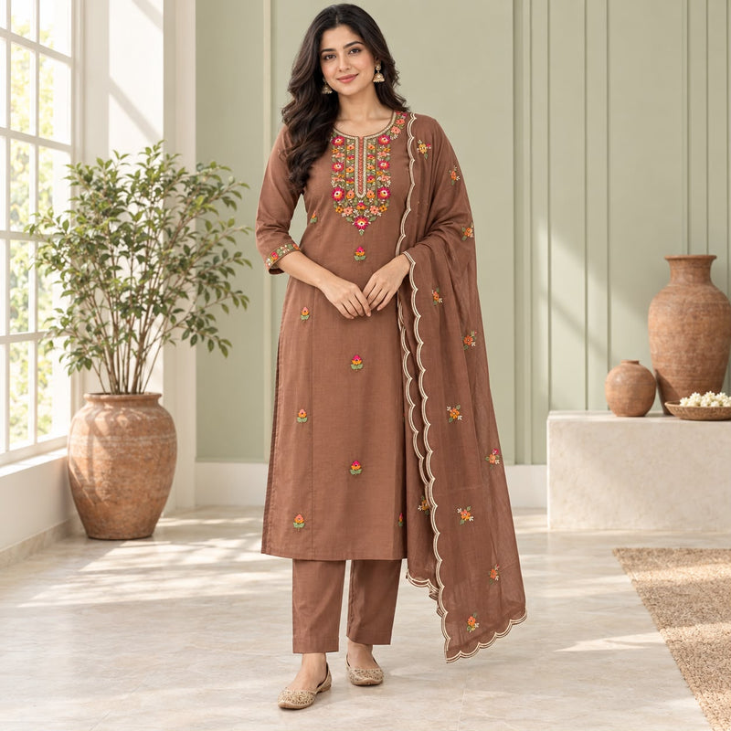Mul Cotton 3 Piece Kurta Set With Cut Work and Beautiful Embroidery Design