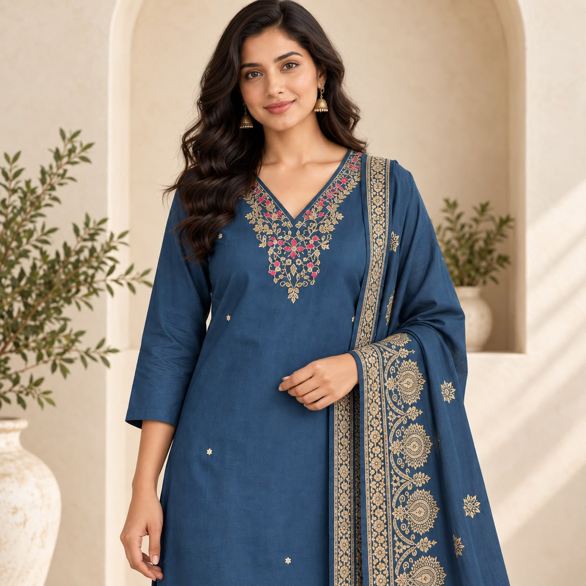 Mul Chanderi 3 Piece Kurta Set With Dola Silk Duppata