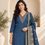 Mul Chanderi 3 Piece Kurta Set With Dola Silk Duppata