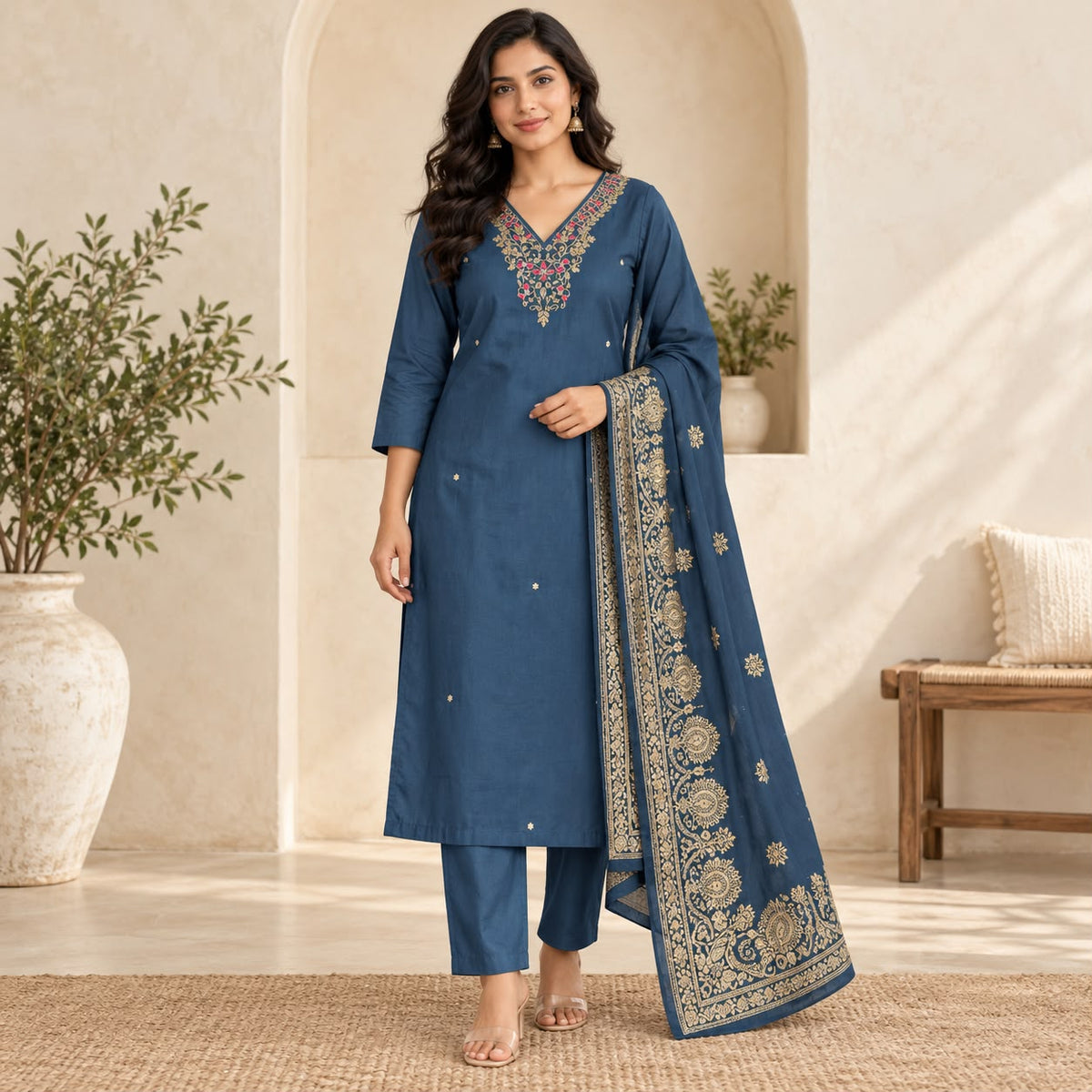 Mul Chanderi 3 Piece Kurta Set With Dola Silk Duppata