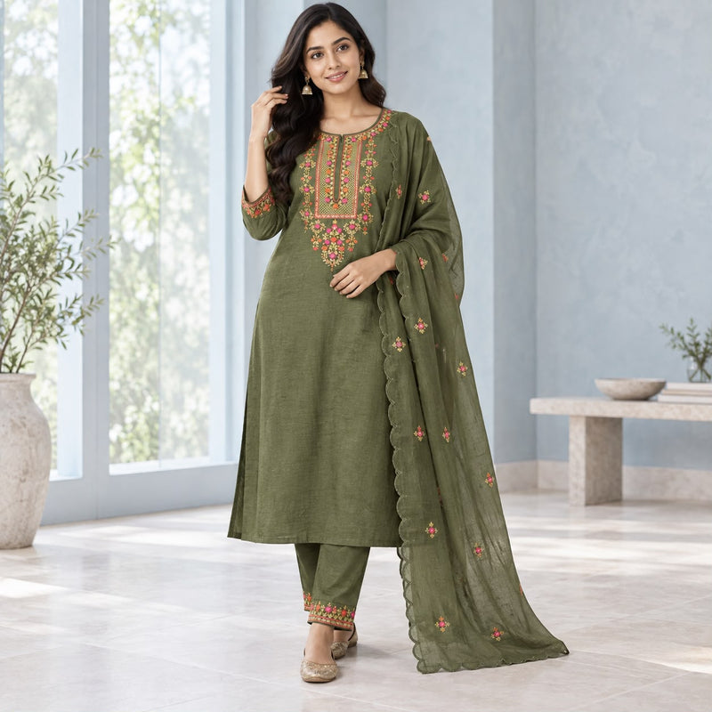 Vichitra Silk Premium 3 Piece Kurta Set With Cut Woek Duppata