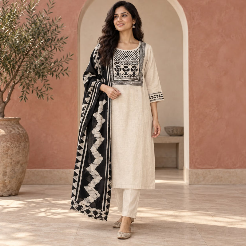 Khadi Cotton 3 Piece Kurta Set With Beautiful Duppata