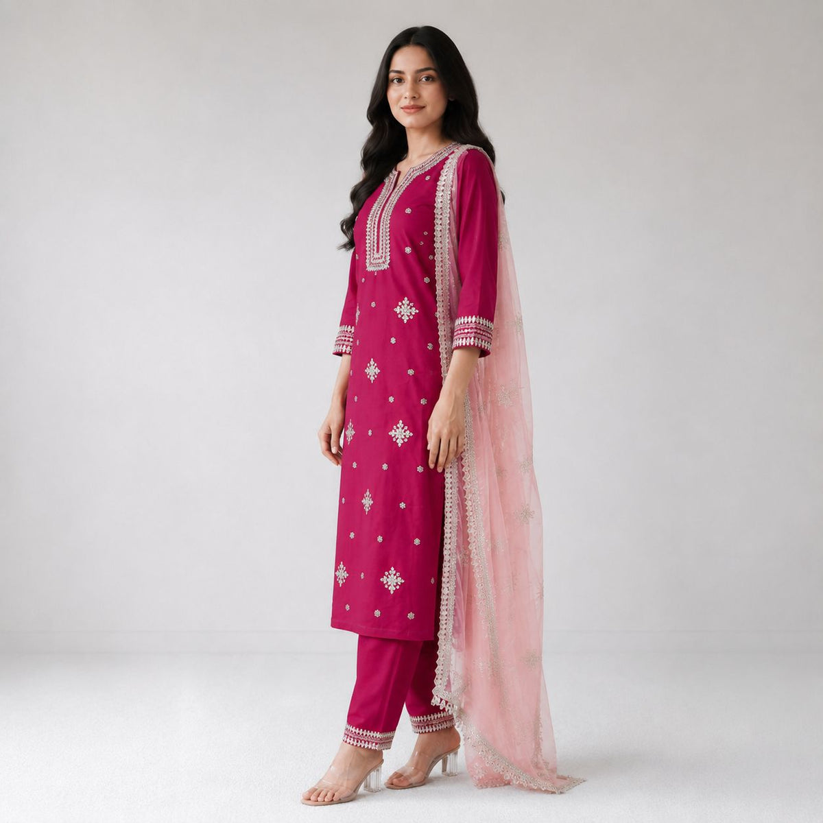 Mul-Chanderi 3 Piece Kurta Set With Gotapatti Work