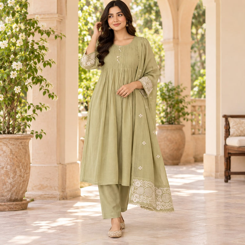 Mul Chanderi 3 Piece Anarkali Kurta Set