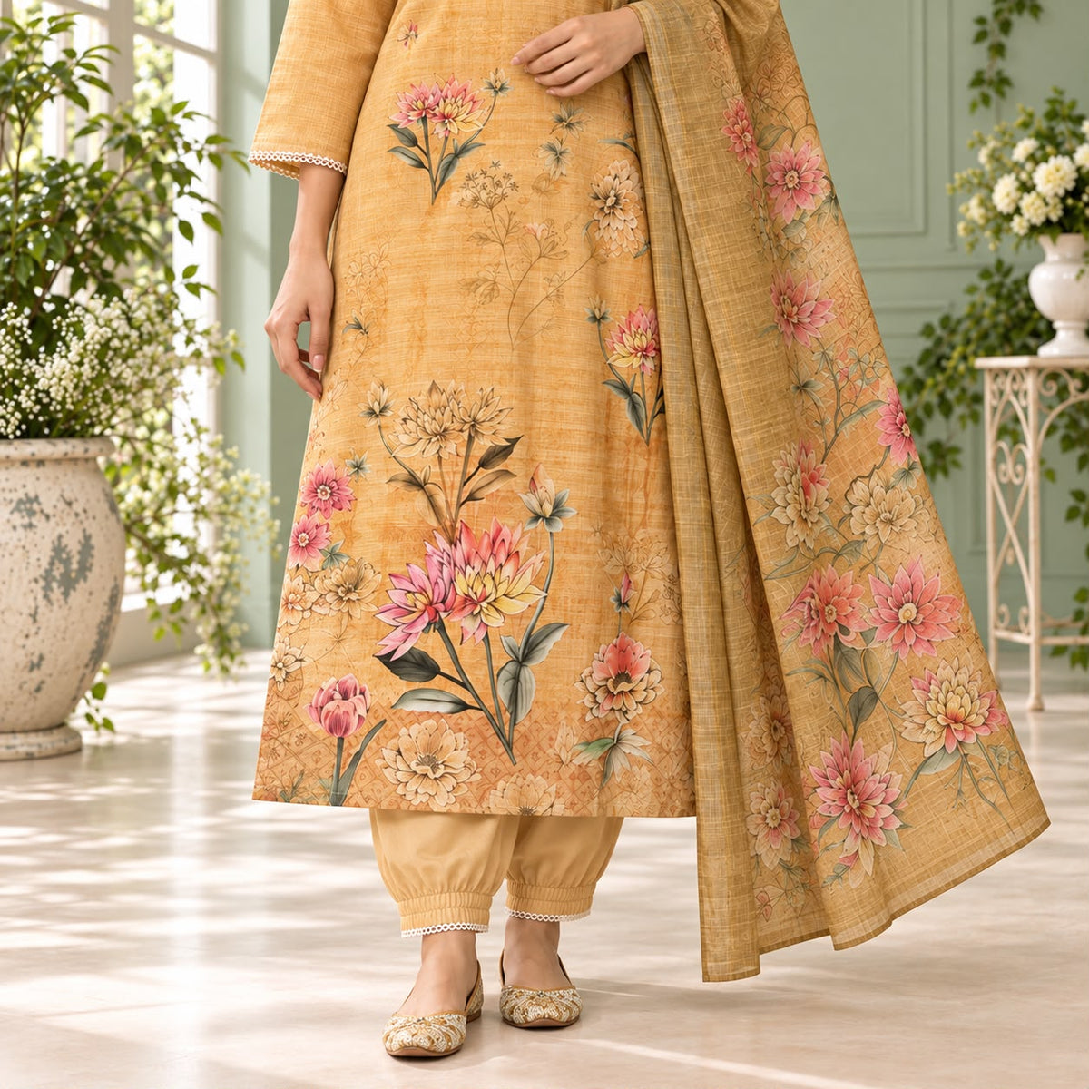 Lenin Cotton 3 Piece Kurta Set With Digital Print Duppata and V-Neck