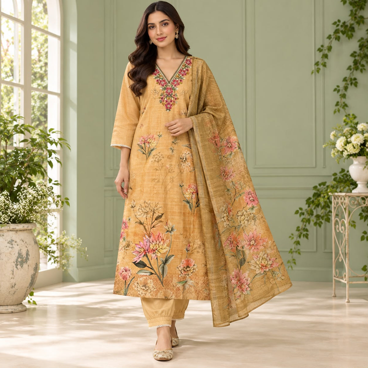 Lenin Cotton 3 Piece Kurta Set With Digital Print Duppata and V-Neck