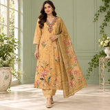 Lenin Cotton 3 Piece Kurta Set With Digital Print Duppata and V-Neck