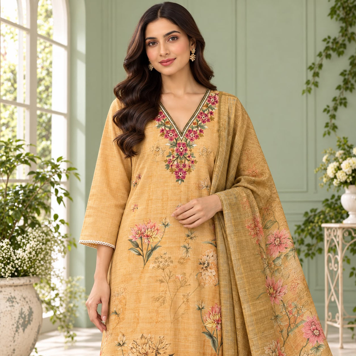 Lenin Cotton 3 Piece Kurta Set With Digital Print Duppata and V-Neck