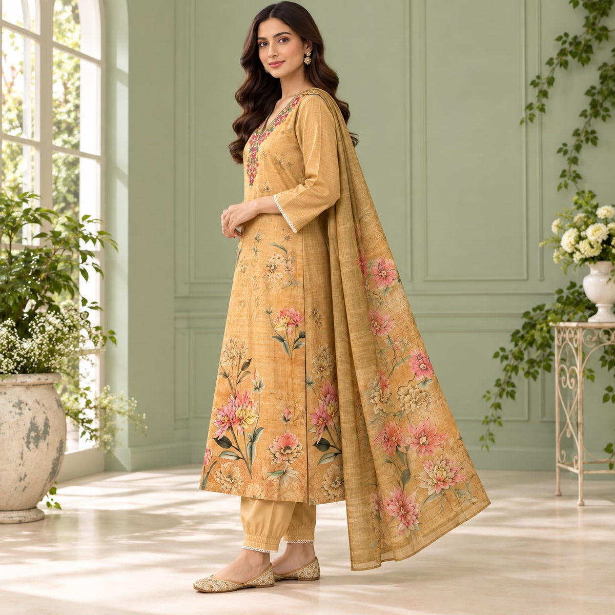 Lenin Cotton 3 Piece Kurta Set With Digital Print Duppata and V-Neck