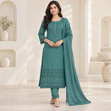 Mul Chanderi 3 Piece Kurta Set With Complete Embroidery Work And Mulcotton Duppata With Lace