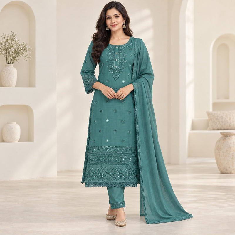 Mul Chanderi 3 Piece Kurta Set With Complete Embroidery Work And Mulcotton Duppata With Lace