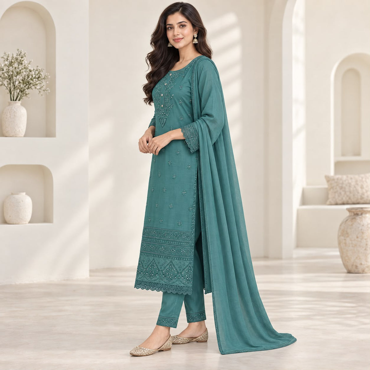 Mul Chanderi 3 Piece Kurta Set With Complete Embroidery Work And Mulcotton Duppata With Lace
